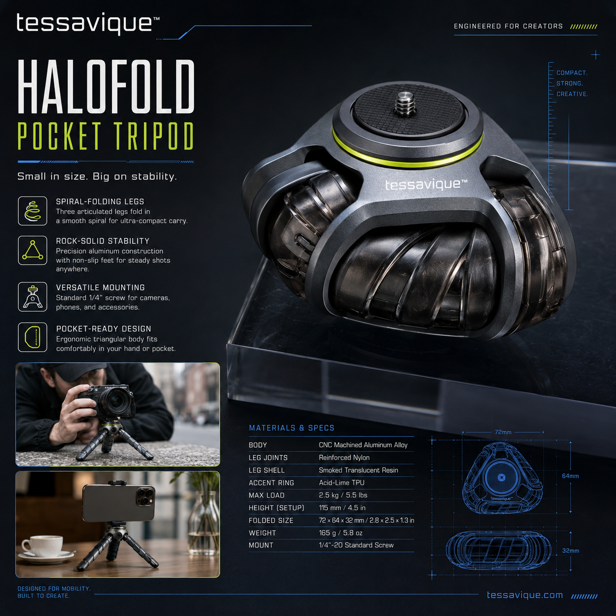 Tessavique™ HaloFold Pocket Tripod